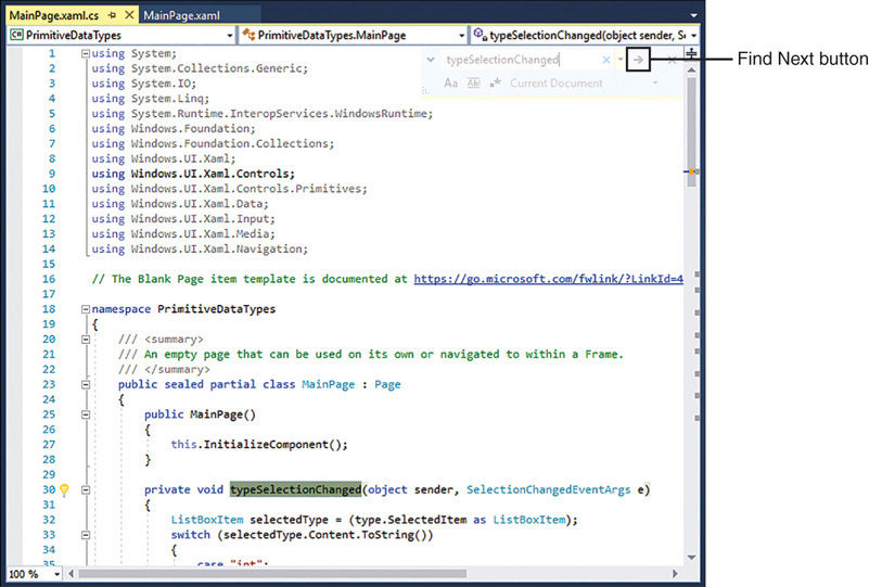 The Code and Text Editor window for the Primitive Data Types application. The user is searching for the typeSelectionChanged method.