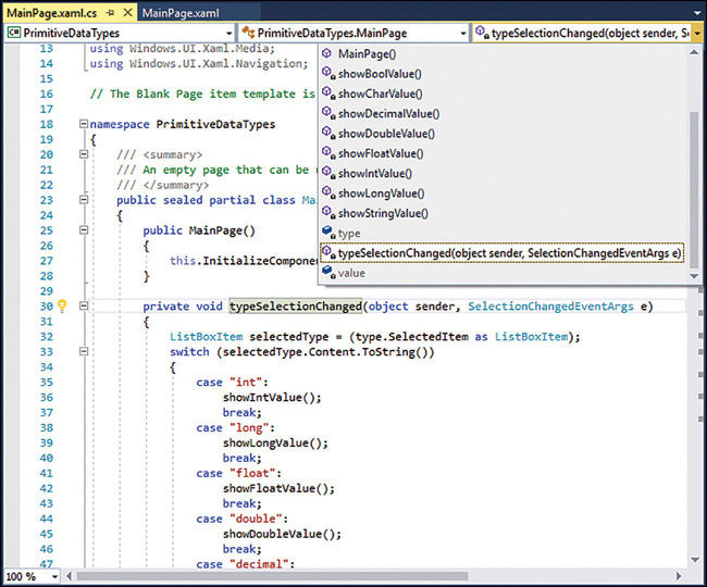 The Code and Text Editor window showing the class members drop-down list. The user has selected the typeSelectionChanged method.