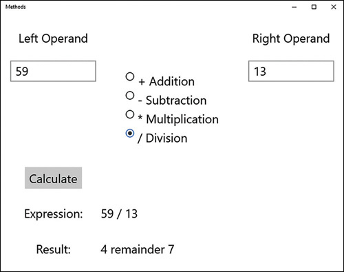 The amended Methods application, showing the results of dividing 59 by 13.