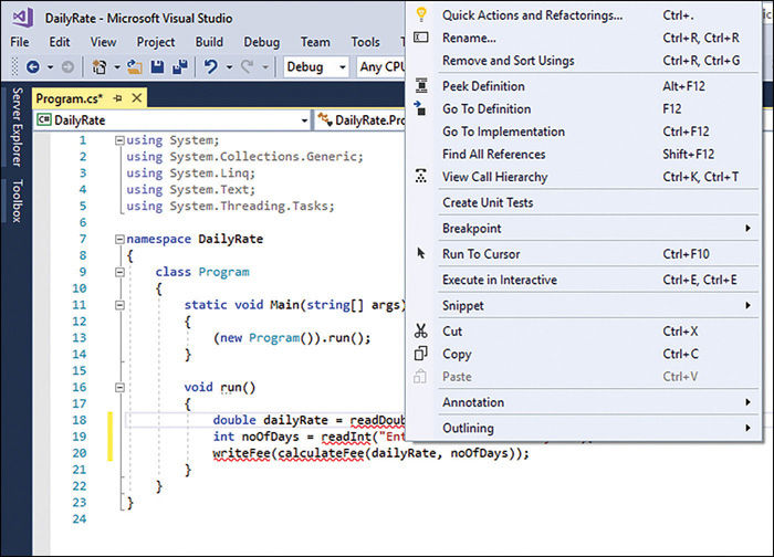 Displaying the cut menu in the Code and Text Editor window. The Quick Actions and Refactorings item is at the top of the menu.