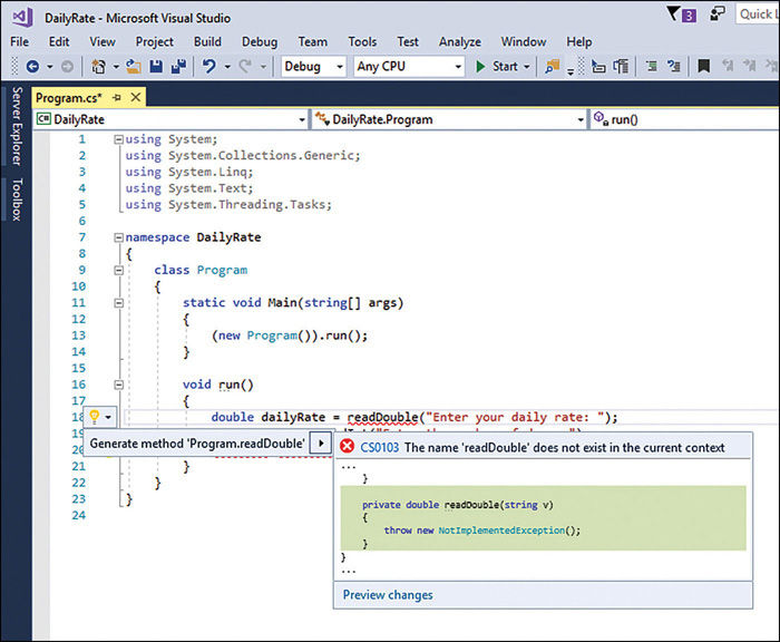 Using the Quick Actions and Refactorings shortcut menu to generate the readDouble method.