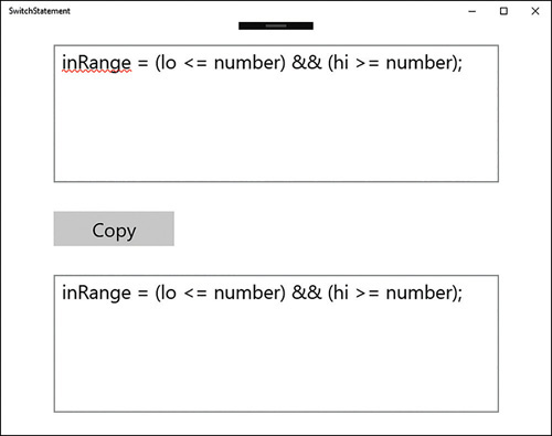 The SwitchStatement app. The user has entered some text into the upper box and clicked Copy. The text is copied to the lower box without translating any of the special characters it contains.