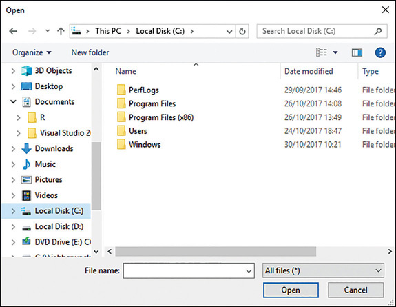 The dialog displayed by the Open File picker.