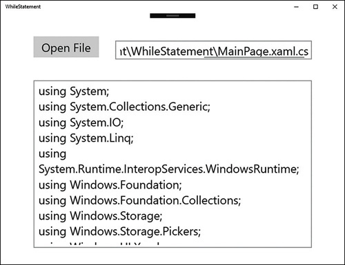 The WhileStatement application running. The user has opened the MainPage.xaml.cs file, and the contents of this file are displayed in the text box in the main part of the window.