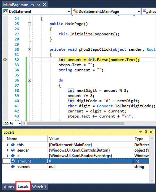 The Locals window displayed while the application is running in Debug mode. The amount variable is currently set to zero.