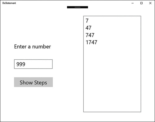 The DoStatement application window showing the steps performed to convert the decimal value 999 into the octal representation 1747.