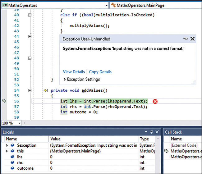 The exception raised by entering non-numeric input in the MathsOperators application.