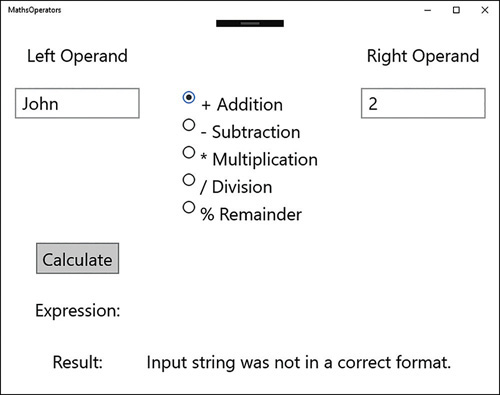 The MathsOperators application showing the message generated by the exception handler.