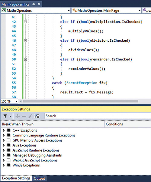 The Exception Settings window in Visual Studio, showing the default configuration for #173;handling exceptions.