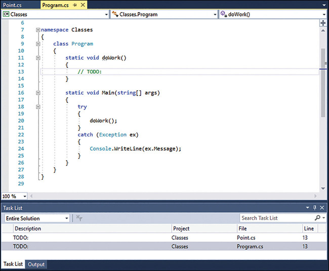 The Task List window in Visual Studio, showing the TODO comments in the application.