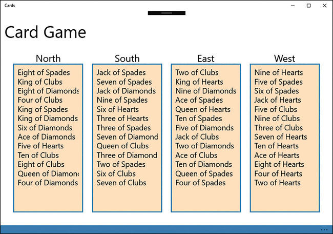 The Cards application again, showing the hands after the cards have been dealt.