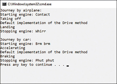 The output of the Vehicles application, showing the messages generated by the methods in the Airplane and Car classes