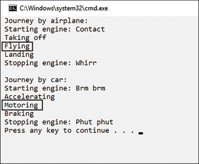 The amended output of the Vehicle application, highlighting the messages displayed by the Drive method overrides