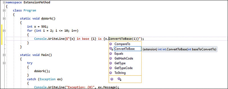 IntelliSense in Visual Studio showing the ConvertToBase extension method