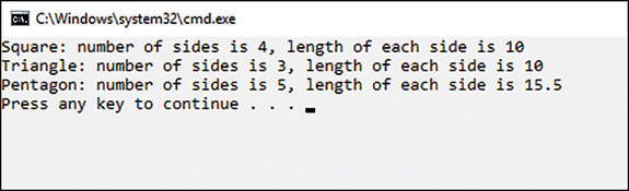 The output of the AutomaticProperties application. The messages display the length of each side of each polygon created by the application.