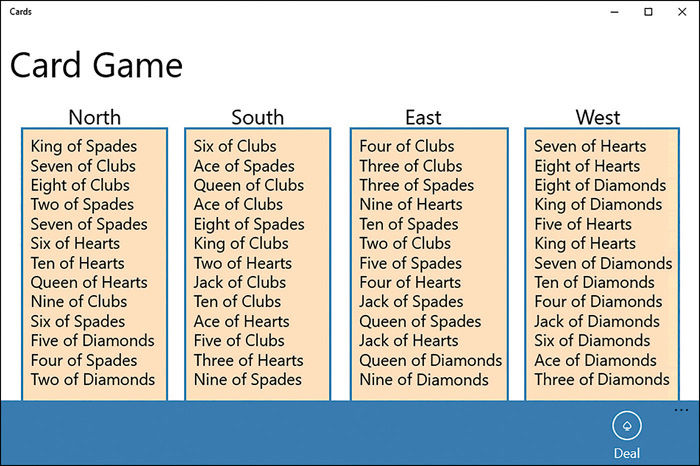 The Card Game application running. The user has clicked Deal, and four hands of cards have been dealt and are displayed.