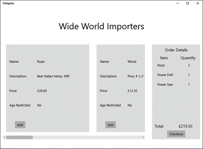 The Delegates application is running. The user has selected several products and added them to the basket. The Order Details pane summarizes the products currently in the basket.