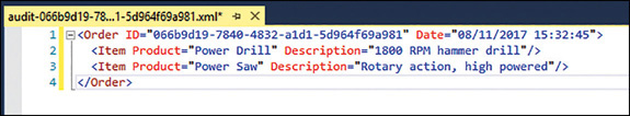 The audit-nnnnnn.xml file in Visual Studio. The file contains the details of age-restricted items in the order.