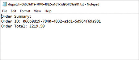 The dispatch-nnnnnn.txt file, showing the order ID and the value of the order.