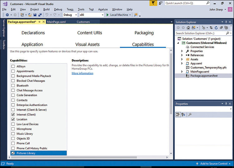 The Manifest Designer in Visual Studio. The Capabilities tab enables you to specify which restricted operations that application performs.