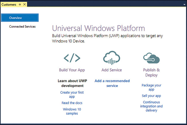 The Overview page for a newly created when Visual Studio creates a new Universal Windows application.