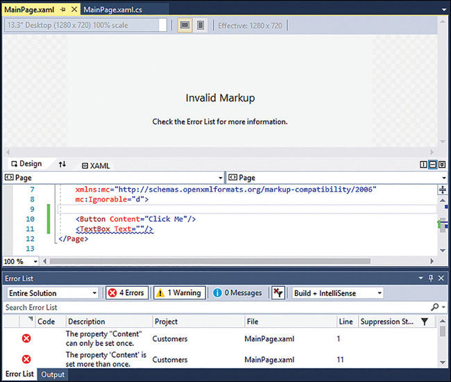 The errors caused by adding multiple controls directly to a page in XAML.