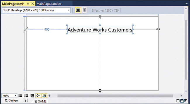 The Design View window showing the TextBlock control that was added to the page.