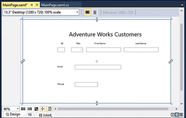 The Design View window showing the completed page.