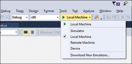 The Debug Target list in Visual Studio, enabling you to select the device on which to run the application for debugging.