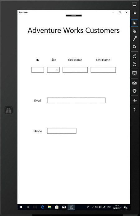 The Customers application running in Portrait mode in the Simulator. The controls are evenly spaced and usable.