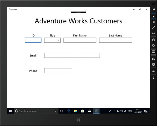 The Customers application is running in Landscape mode on a lower-resolution screen. The controls adjust themselves so that they are evenly spaced.