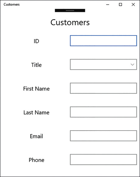 The #8220;narrow#8221; view for the Customers application. The fields are displayed in a columnar layout.