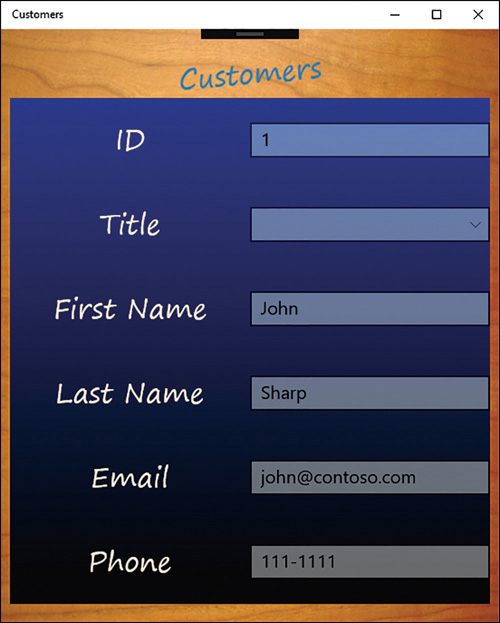 The Customers application displayed using the columnar view. The controls on this page are bound to the same data and display the same values as the tabular view.