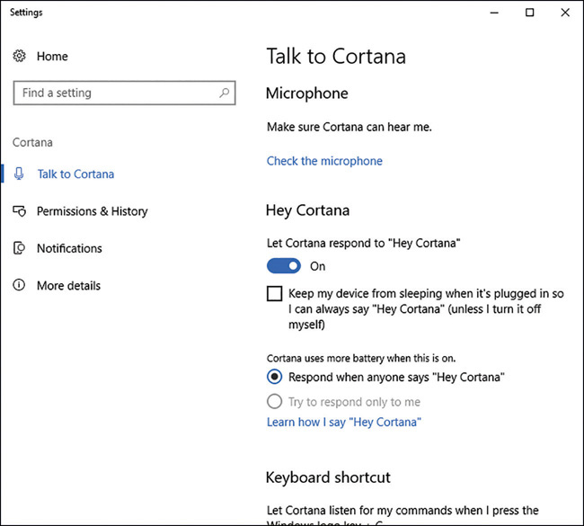 The Settings window showing the Talk to Cortana page.