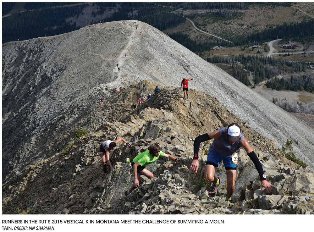 RUNNERS IN THE RUT’S 2015 VERTICAL K IN MONTANA MEET THE CHALLENGE OF SUMMITING A MOUNTAIN. CREDIT: IAN SHARMAN