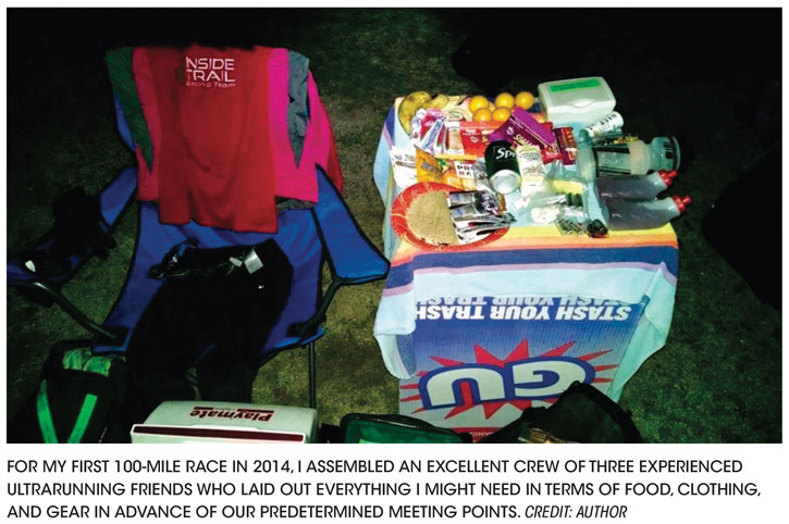 FOR MY FIRST 100-MILE RACE IN 2014, I ASSEMBLED AN EXCELLENT CREW OF THREE EXPERIENCED ULTRARUNNING FRIENDS WHO LAID OUT EVERYTHING I MIGHT NEED IN TERMS OF FOOD, CLOTHING, AND GEAR IN ADVANCE OF OUR PREDETERMINED MEETING POINTS. CREDIT: AUTHOR