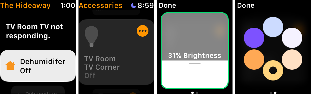 Figure 17: The main screen of Home for the Apple Watch displays accessory status and lists your favorite accessories (left). Tap an accessory to turn it on or off (second from left), or tap the ellipsis button to show advanced controls (second from right). Just like on iOS, you can adjust color smart bulbs with a slider and pick different colors (right).