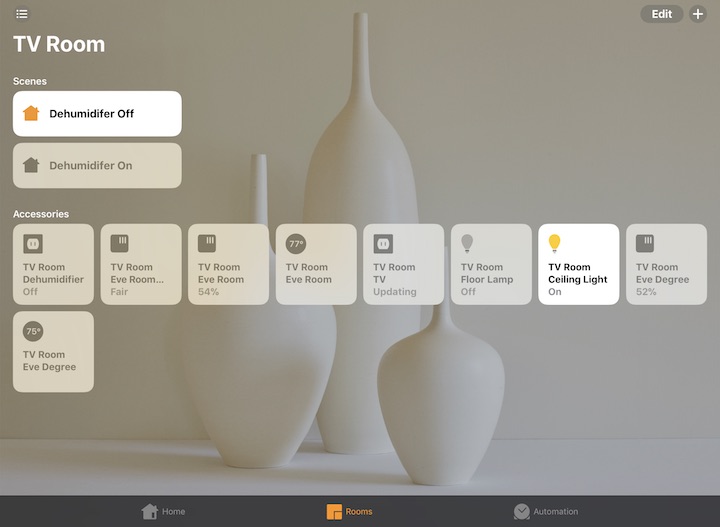 Figure 19: One of the advantages of setting up Rooms is that the Home app lets you view and monitor accessories by room. Note that in my Home app, shown here, scenes are tied to the Room.