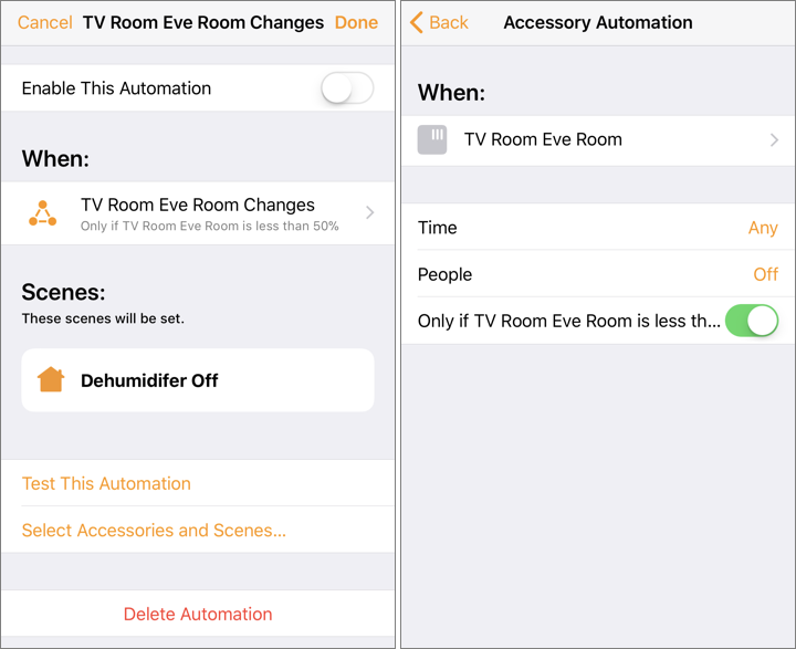 Figure 36: A HomeKit oddity: Home can display automations that it cannot create, and even lets you make a few changes to them.