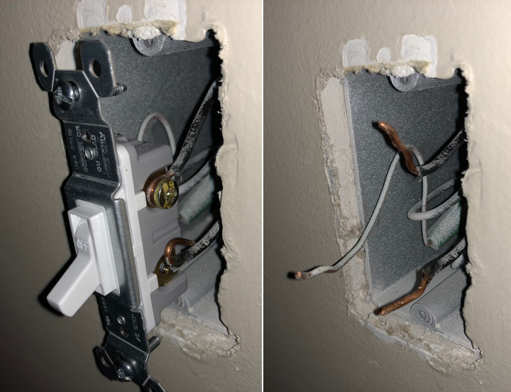 Figure 48: On the left, I have removed the screw terminal for the load wire. On the right, I have removed the terminals for the load, live, and neutral wires, removed the switch, and have used needle-nose pliers to straighten the exposed ends of wire.