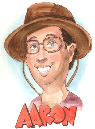 illustration of the author Aaron wearing a hat with glasses and a red shirt