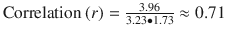 
$$ \mathrm{Correlation}\ (r)=\frac{3.96}{3.23\bullet 1.73}\approx 0.71 $$
