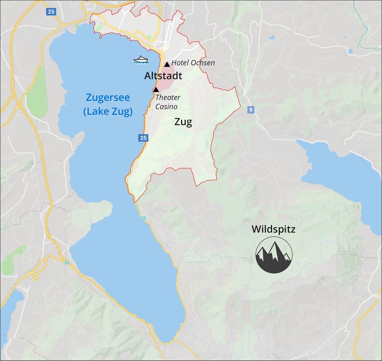 Map of Zug and Wildspitz, Switzerland.