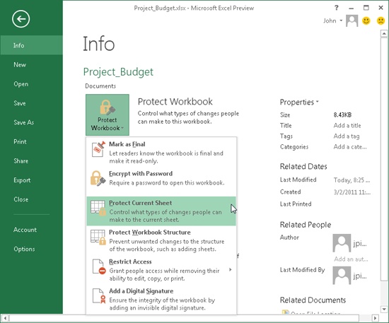 Select Protect Current Sheet or Protect Workbook Structure to manage how other users can interact with an Excel file.