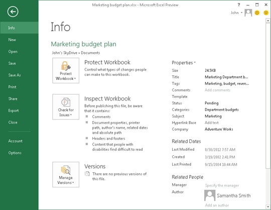 This screen shot shows the expanded list of properties on the Info page in Excel. You can add information for properties such as Tags and Title on this page.