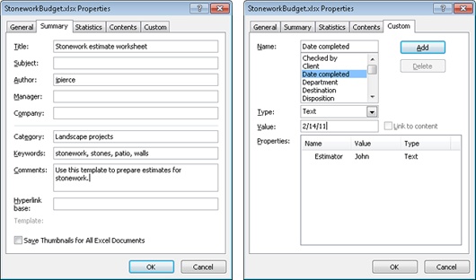 You can also view properties and document statistics in the Properties dialog box. Use the Custom tab to define properties of your own.