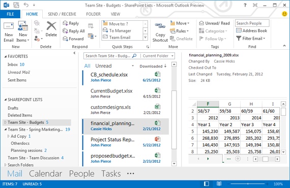 You can work with items in libraries and lists on your team site by connecting them to Outlook. The reading pane previews a file. Folders for the lists and libraries appear on the navigation pane.
