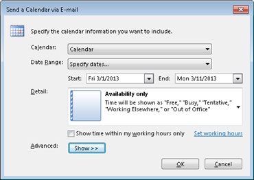 In the Send A Calendar Via E-Mail dialog box, review the options under Detail so that you know what information the recipient of your calendar will see.