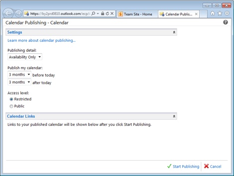Use the Calendar Publishing page to publish a calendar to the Internet.