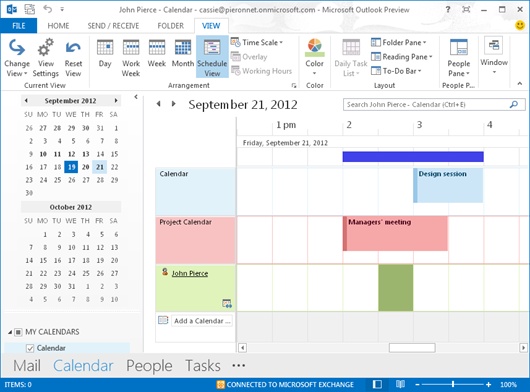 Use options in the View tab’s Arrangement group to check for scheduling conflicts across a group of calendars.